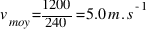 v_{moy} = 1200 / 240 = 5.0 m.s^{-1}
