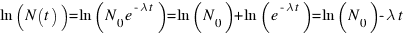 \ln(N(t)) = \ln(N_0 e^{-\lambda t}) = \ln(N_0) + \ln(e^{-\lambda t}) = \ln(N_0) - \lambda t