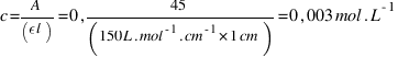 c = A / (\epsilon l) = 0,45 / (150 L.mol^{-1}.cm^{-1} * 1 cm) = 0,003 mol.L^{-1}