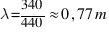 lambda = 340 / 440 approx 0,77 m