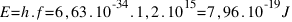 E = h . f = 6,63 . 10^-34 . 1,2 . 10^15 = 7,96 . 10^-19 J