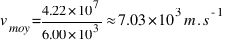 v_{moy} = {4.22 * 10^{7}} / {6.00 * 10^{3}} approx 7.03 * 10^{3} m.s^{-1}